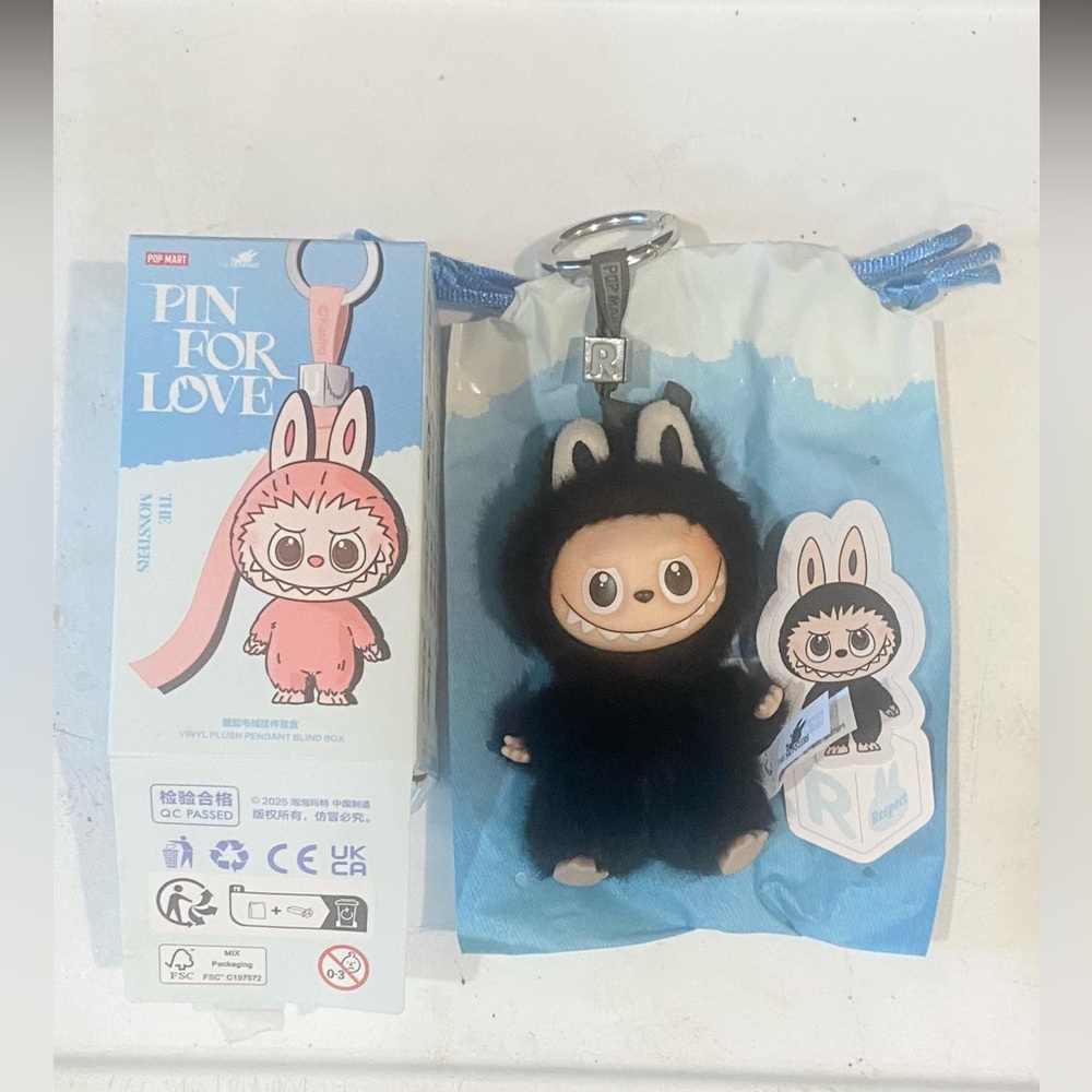 Pop Mart Authentic Labubu Mini Pin for Love Black Letter R Plush Pendant